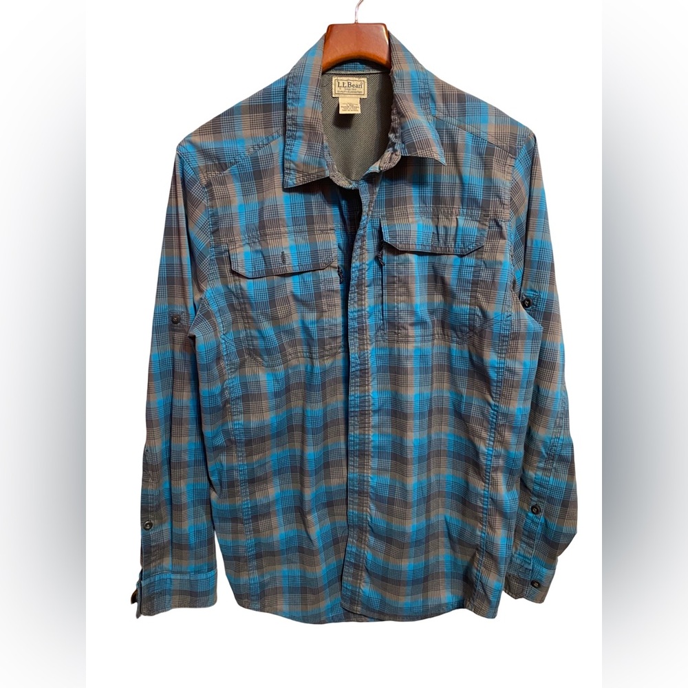 LL Bean Blue & Brown Plaid Outdoor Hiking Fishing Long Sleeve Shirt Size Large